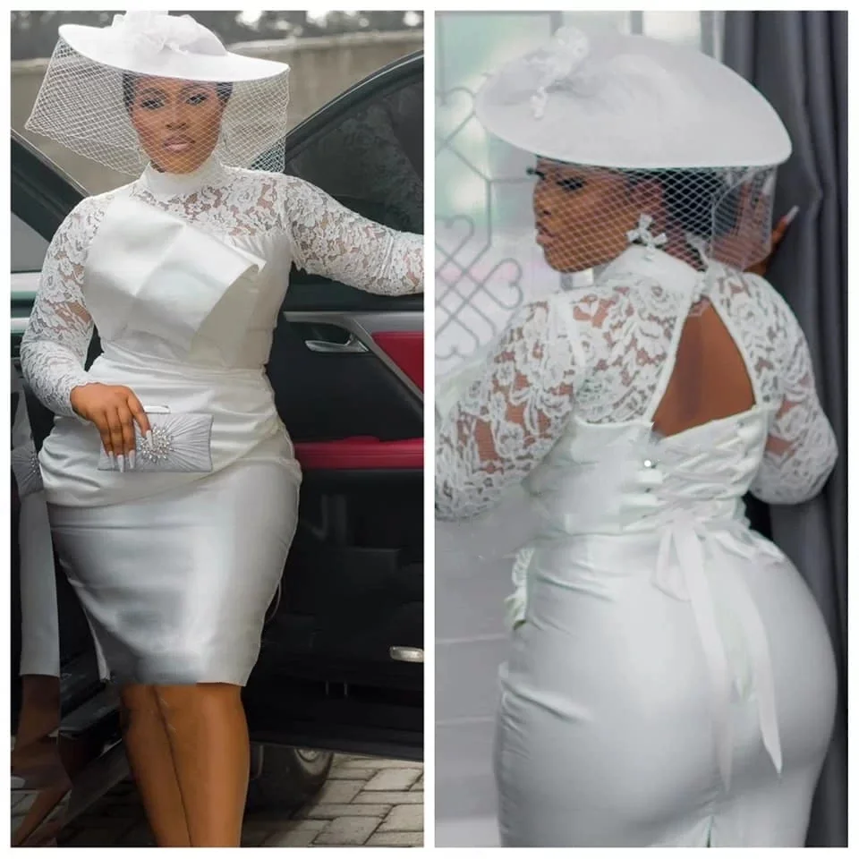 Yipeisha Aso Ebi abiti da Cocktail corti Merimaid collo alto pizzo bianco abito da sposa a maniche lunghe Robe De Mariée ginocchio lunghezza