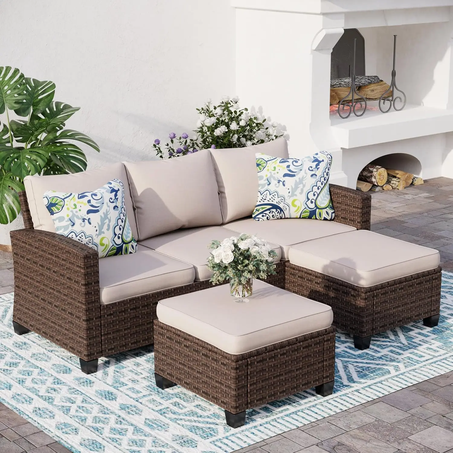 Outdoor Patio Furniture Set 5-Seat L-Shaped Rattan Sofa with 2 Ottomans Modular All-Weather for Small Patios Beige, Customized