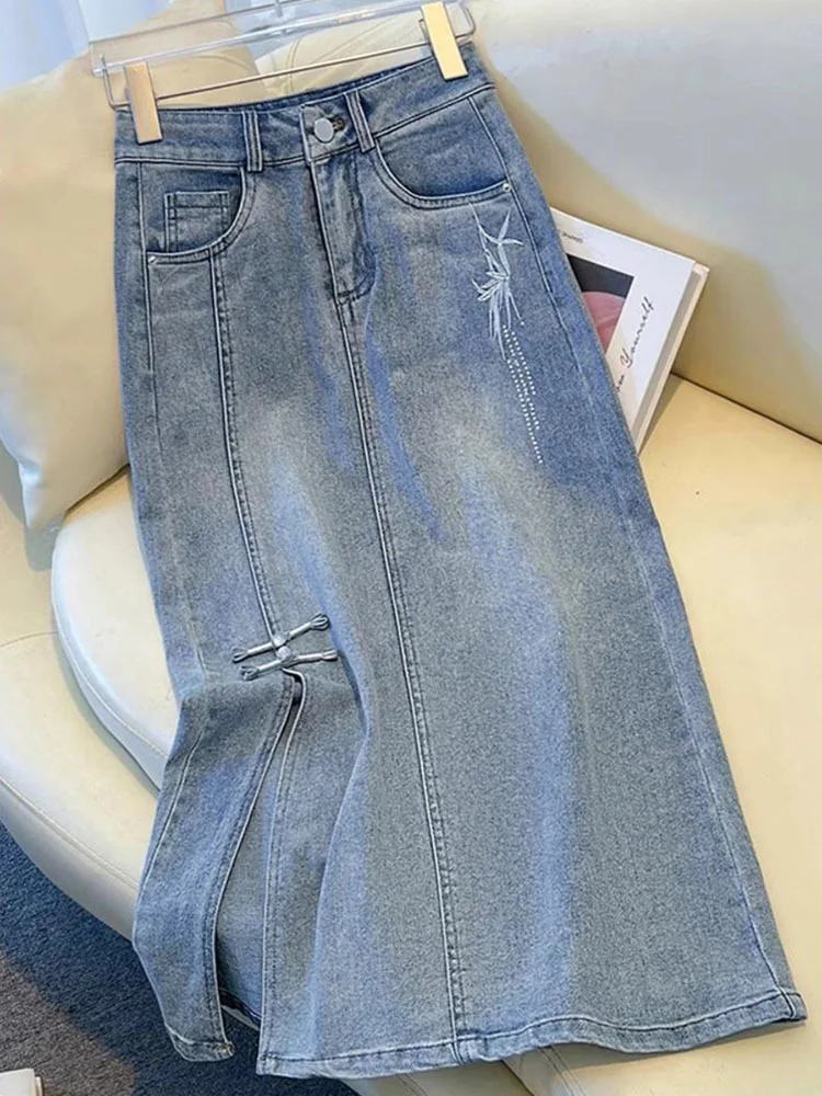 Women's Denim Skirt Hot Drill Midi With Slit Female Jeans Skirts Offer Aesthetic Hot Cheap Chic And Elegant Summer 2024 Luxury