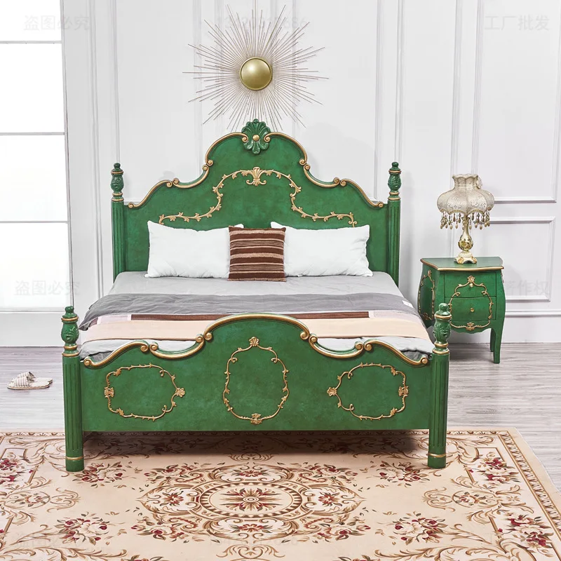 Golden Emerald American Solid Wood Bed Retro Double Bed Master Bedroom Queen Bed French Luxury Bedside Table