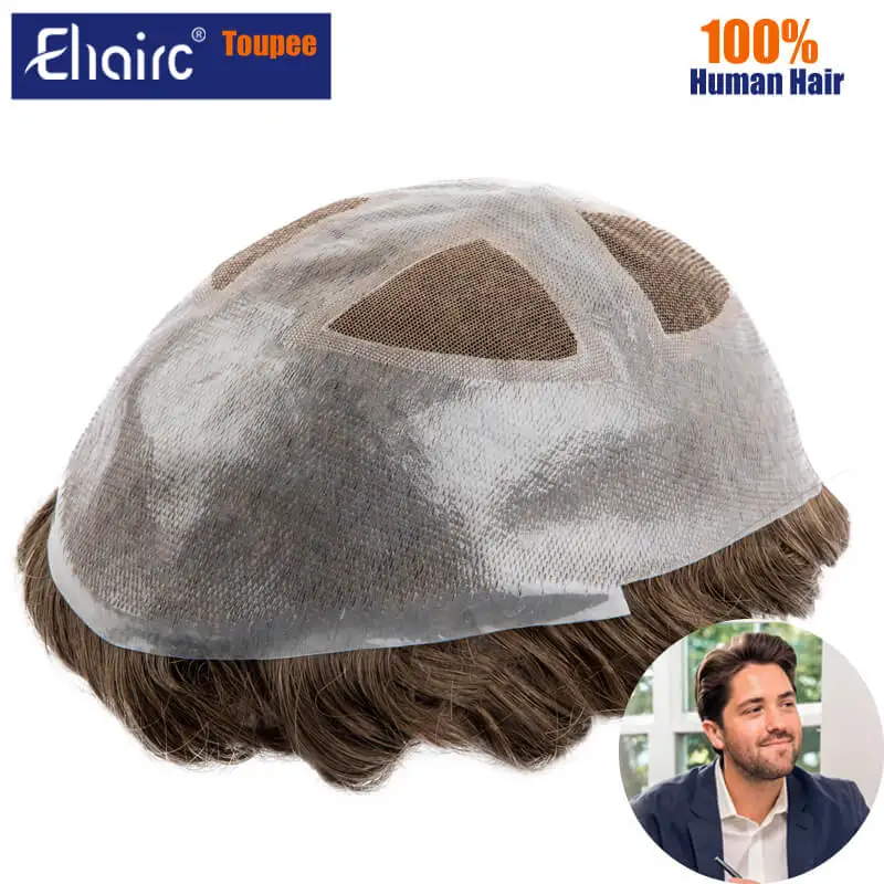 Toupee Men Breathable Lace PU Hair System with Skin Around Male Hair Prosthesis 7