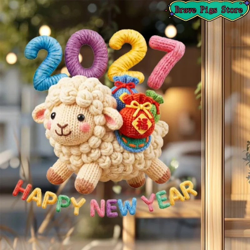 [HM]2027 Happy New Year Window Sticker Cute Knitted Sheep Design Same Color Both Sides Perfect For Home Shop Glass Decoration