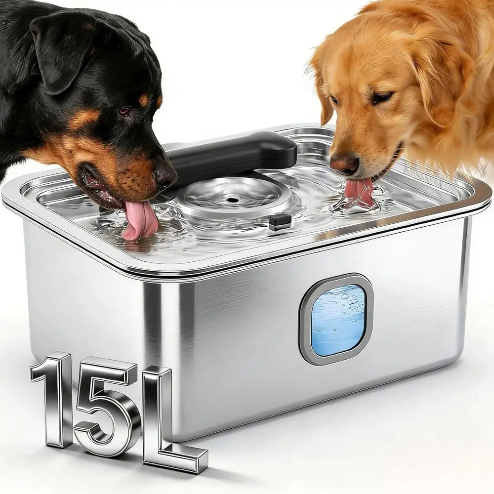 

Large Dog Stainless Steel Automatic Water Dispenser with Filtered Reservoir, 4 Gallon Refillable Indoor Bowl