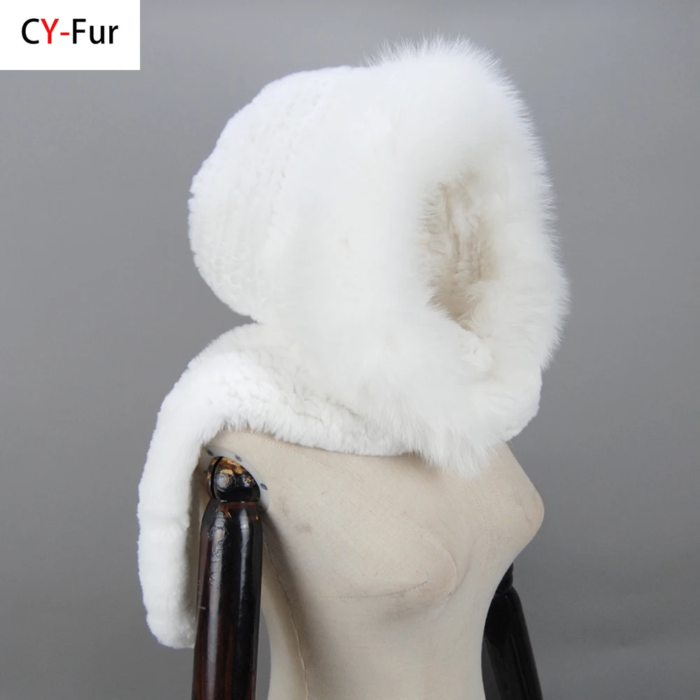

New Winter Women Natural Fox Fur Hats&Scarves Lady Warm Fluffy Real Rex Rabbit Fur Hat&Scarf Luxury Knit Real Fur Hooded Scarfs