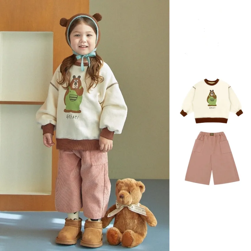 

Korea Children's Clothing Autumn/Winter New Girls Hoodie Set Kid PS Long Sleeve Plus Fleece Tops+ Corduroy Wide Leg Pants 2PCS