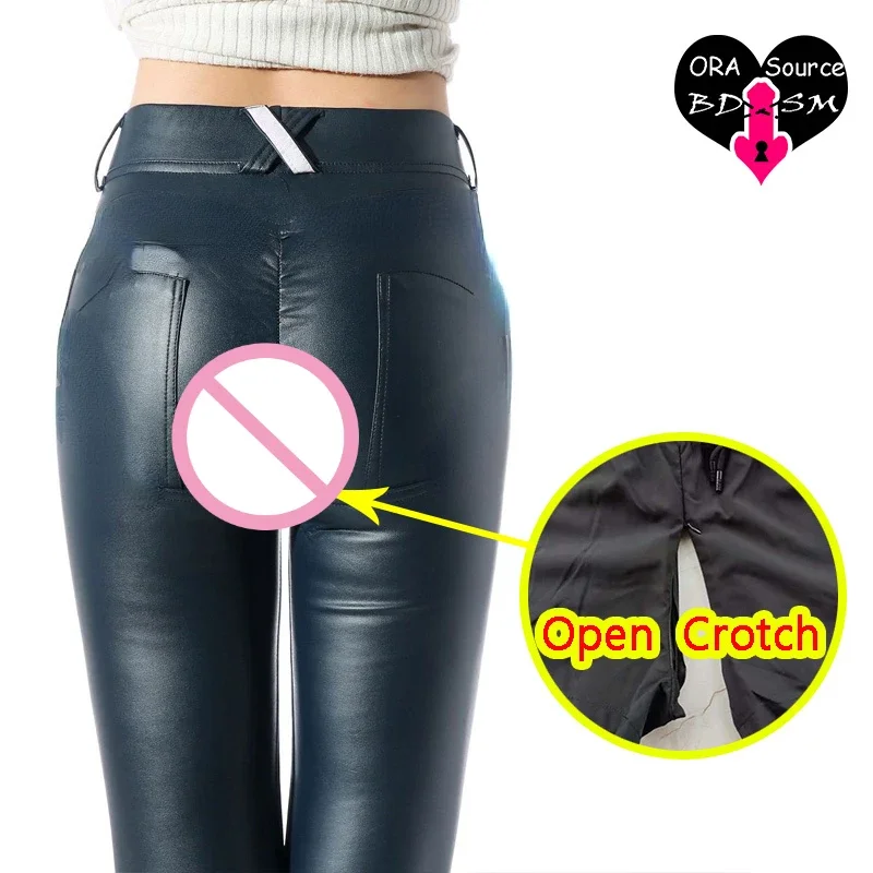 Pantalones de PU con entrepierna abierta para mujer, bragas largas de cuero negro sin entrepierna, látex, disfraz sexual al aire libre, Leggings con cremalleras dobles