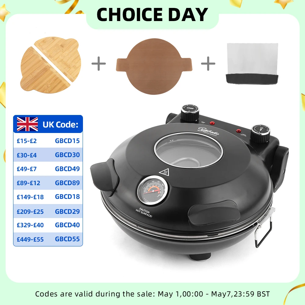 YIBAKE 12 Inch Black Electric Pizza Oven Countertop Maker Fireproof Ceramic Stone Heats up to 420℃ for Stone Baked Home Cooking