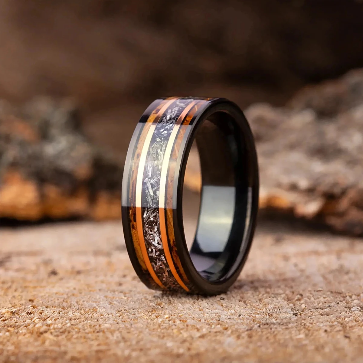8MM Black Tungsten Men's Wedding Bands Inlay Meteorite Whiskey Barrel Wood Trendy Engagement Promise Anniversary Daily Gift Ring