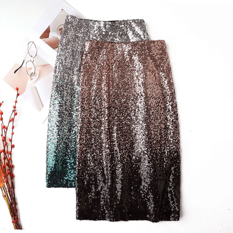 Woman Sequins Skirt Spring Summer Fashion Gradient Color Elegant Temperament High Waist Slim Wrap Hip Skirts Saia Midi Feminina