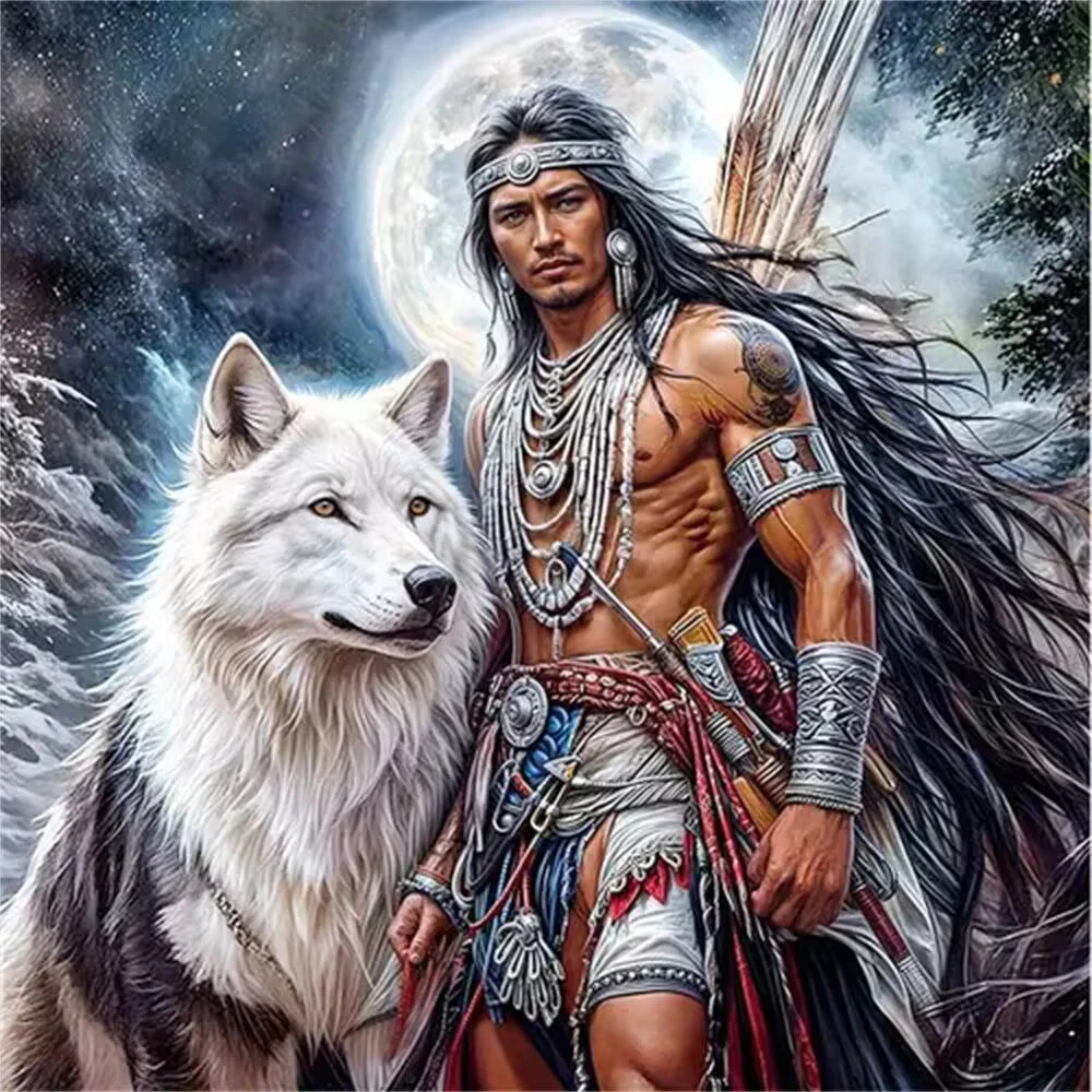 

Tribal Hunter & Arctic Wolf Puzzle, Moonlit Fantasy Decor Brain Challenge Scenic Art Puzzle for Gift