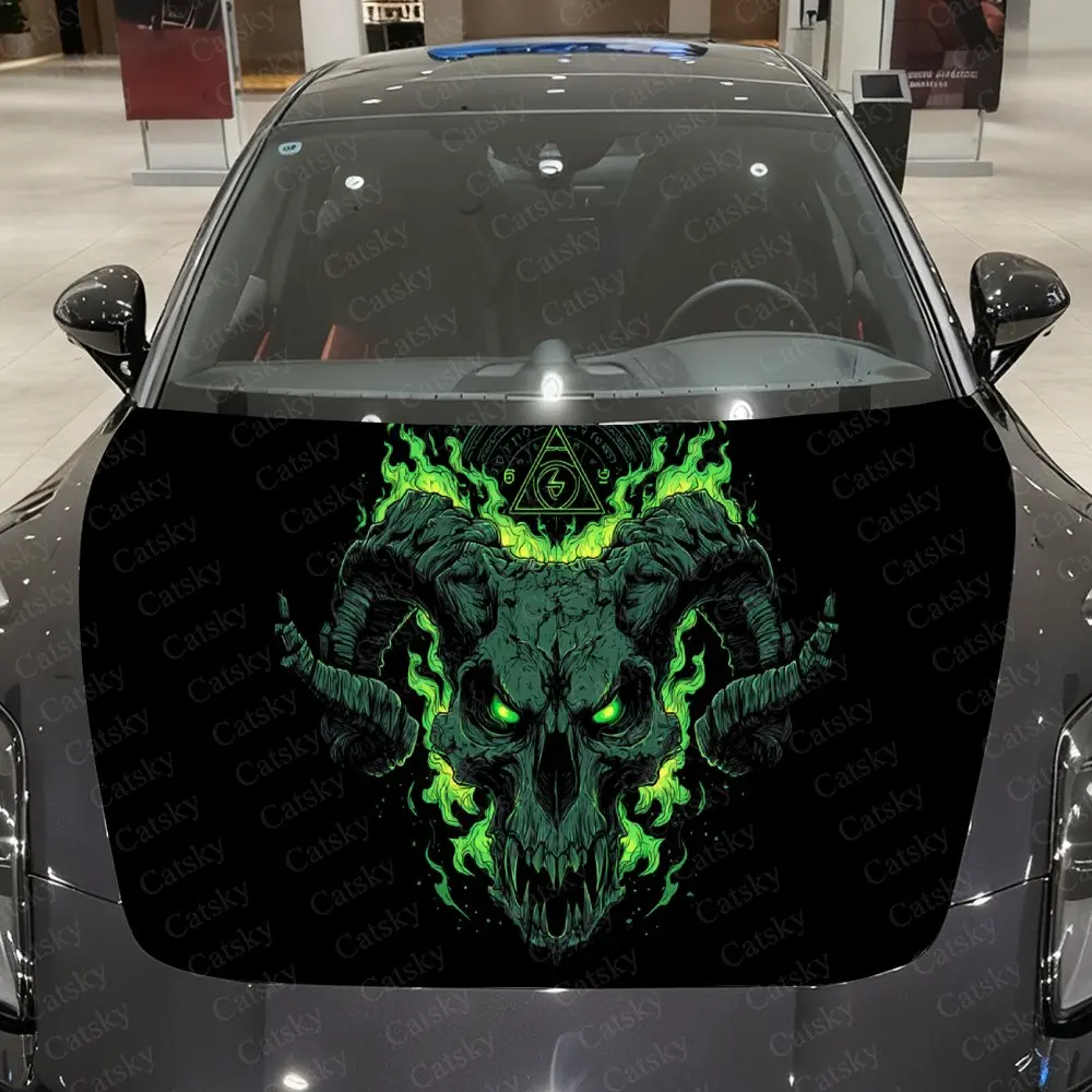Dark Pattern Demon Skull Car Vinyl Wrap, PVC Waterproof Car Hood Sticker, Self-Adhesive Scratch-Resistant Stickers