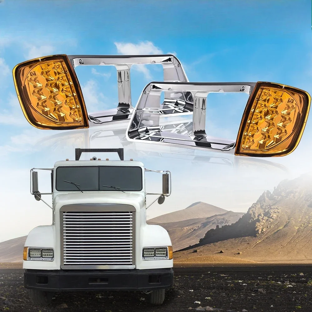 

Fit For Freightliner FLD120 Headlight Bezel W/LED Turn Signal Light Left+Right