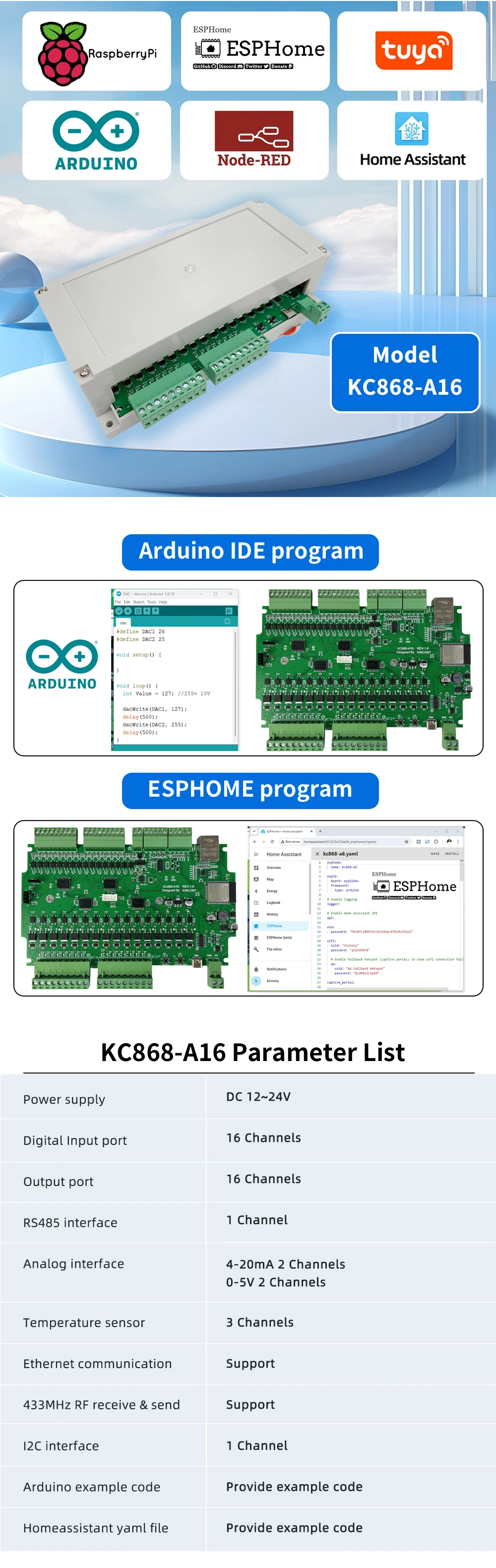 A16 ESP32 Development Programable Relay Board ESPhome Home Assistant Tasmota Arduino IDE RS485 I2C GPIO RF433Mhz Mosfet Output
