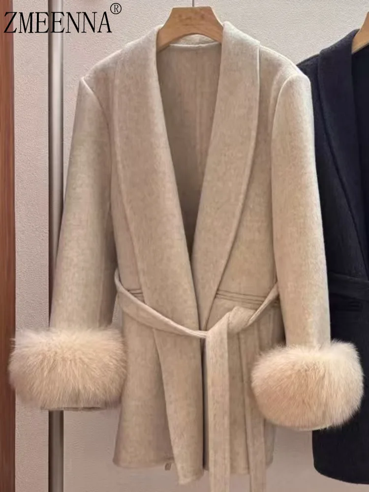 

ZMEENNA Cashmere Blend Coat For Women With Faux Fur Cuffs And Waist Belt Elegant Long Sleeve Winter Outerwear ZM4047