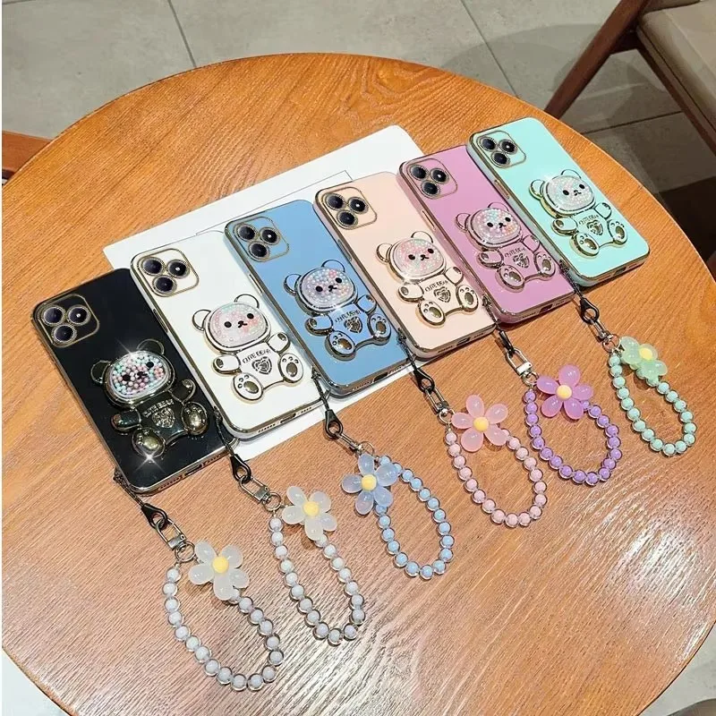 Casing HP Lanyard Motif Beruang Pasir Mewah Berlapis untuk iPhone 17 16 15 14 Plus 13 12 11 Pro Max X S XR 7 8 SE