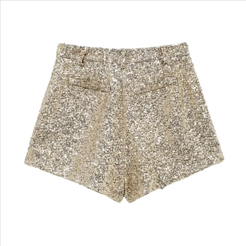 TRAF Pantaloncini da donna con paillettes dorate Pantaloncini glitter alla moda per ballare Pole dance Bermuda Y2K Streetwear Micro pantaloni corti