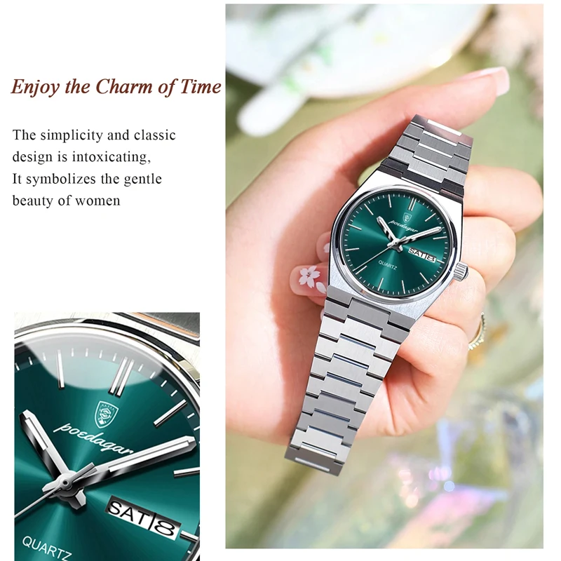 POEDAGAR 여성용 럭셔리 시계, 우아한 쿼츠 시계, 스테인레스 스틸, 방수 발광 날짜, 주간, 여성용 시계