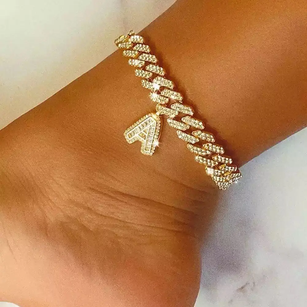 Personalized Cuban Link Iced Out Initial Letter Name Anklets Ice Crystal Letter Necklace Luxury Hip Hop Jewelry Gift for Women