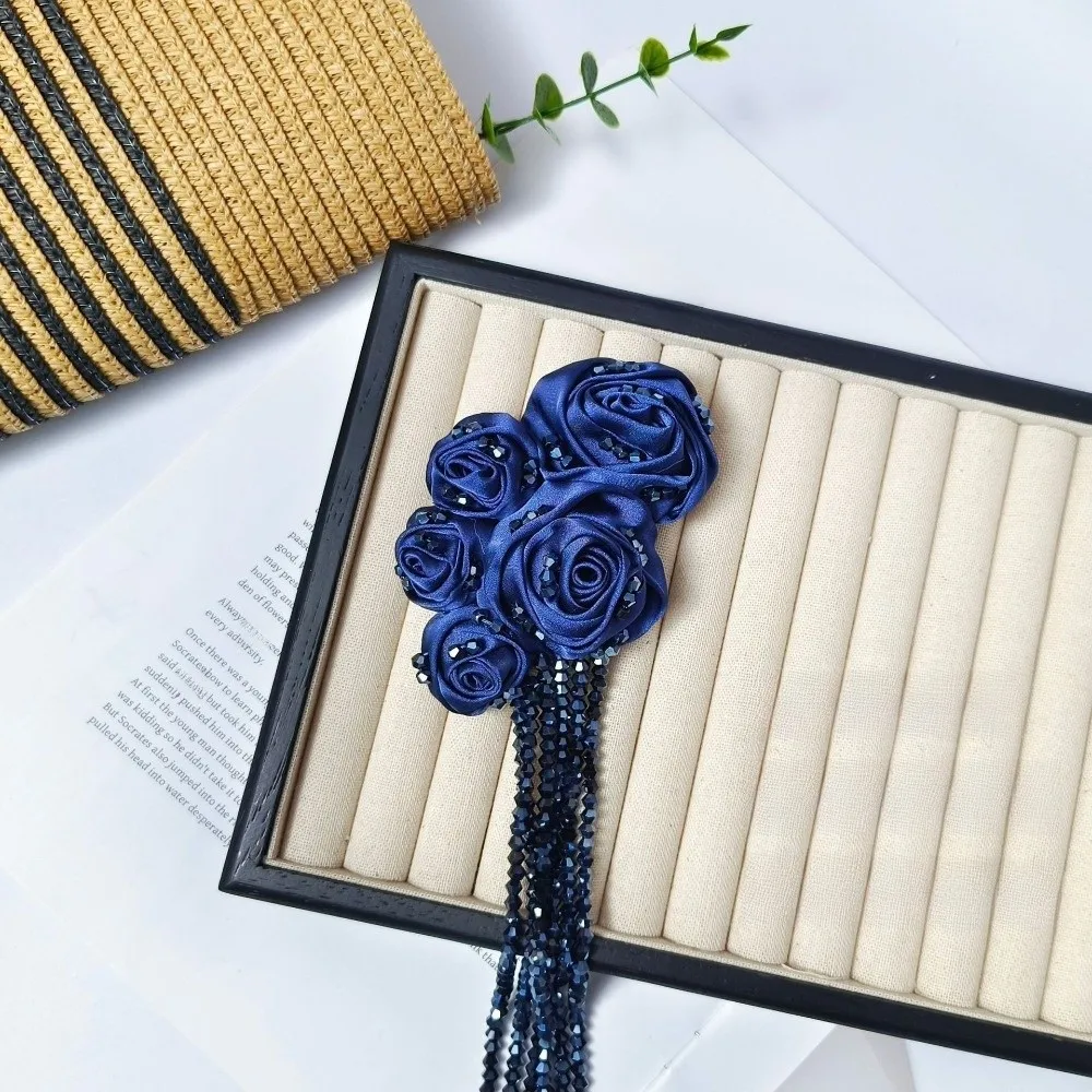 Satin Material Fabric Flower Appliques Tassel Details Crystal Beads DIY Decor Accessories Multi-use Rose Design