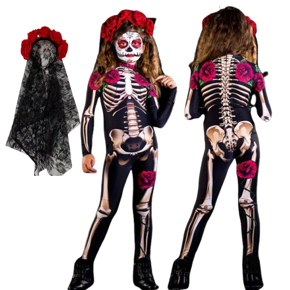 

2025 Girls Rose Skeleton Kids Scary Costume Halloween Cosplay Ghost Bride Jumpsuit Carnival Party Kids Rompers Children Clothes