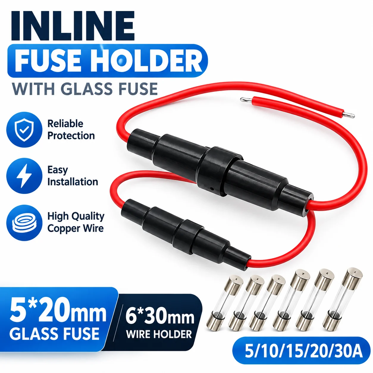 2PCS 5*20mm 6*30mm Glass Fuse Holder Screw Type 5X20mm with 22 20 18 16 14AWG Wire Cable 250V 5X20MM Glass Fuse Tube Fuse Casing