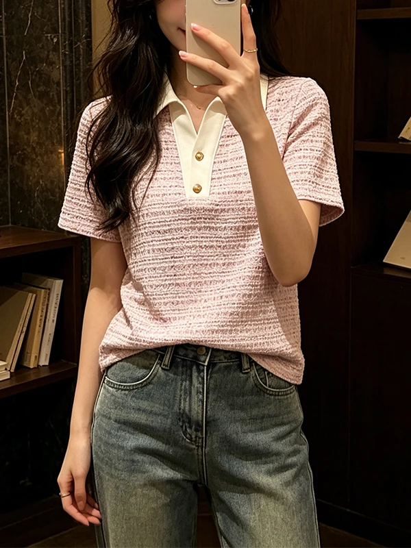

Elegant Pink Neck Short Sleeve Shirt Women's Summer New Style High Quality Korean Version Loose Fit Breathable Skin-Frie...
