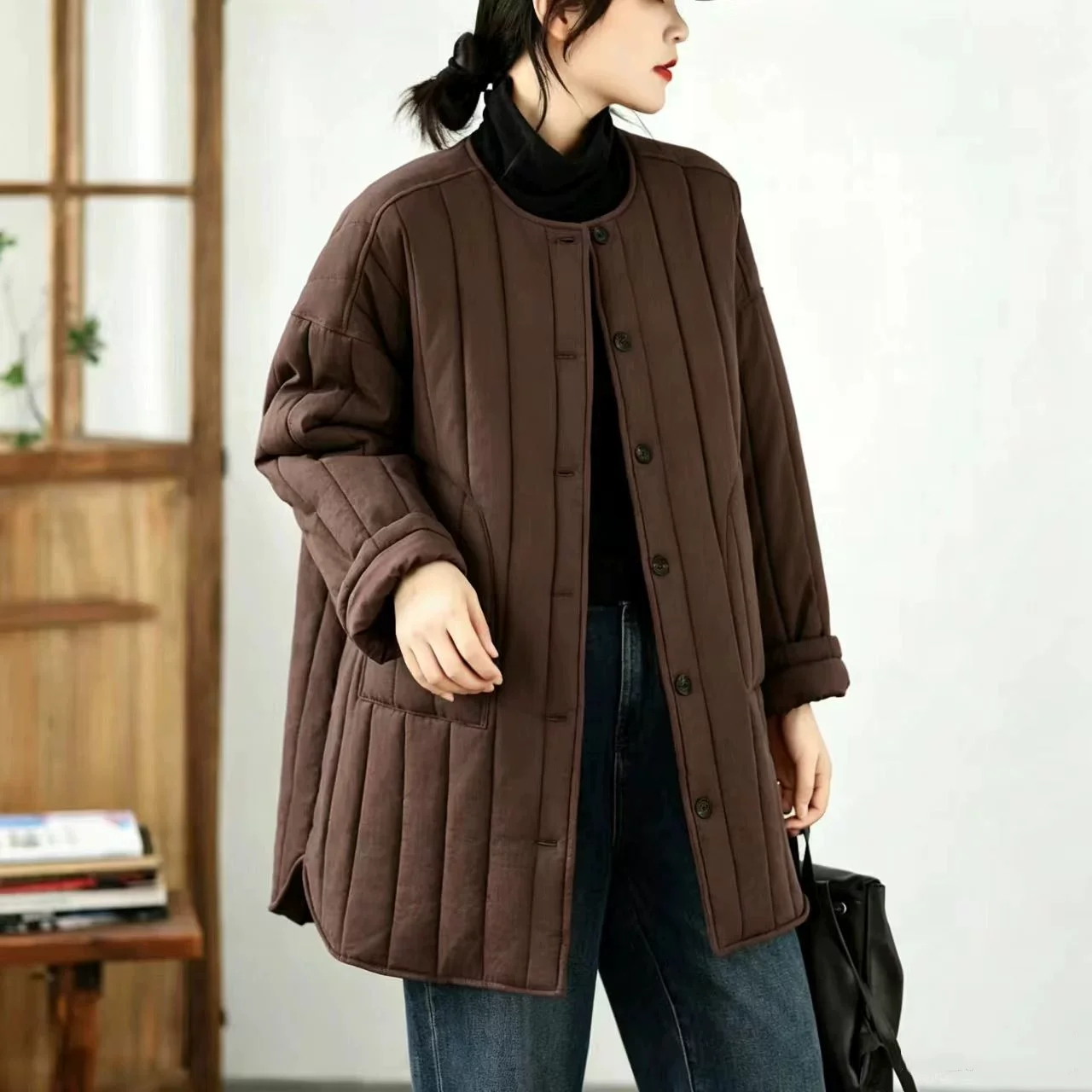 Retro Quilted Cotton Jacket Autumn Winter Thick Warm Casual Loose Long-Length Warmth Outerwear Mid-Length Temperament Clothing j