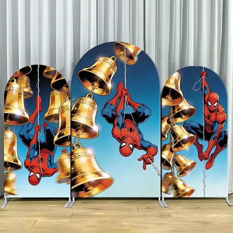 Funda de telón de fondo de una sola capa con diseño de Arco de Marvel, no elástica, con temática de Spiderman, cortina de telón de fondo para decoración de fiestas con campanas doradas para