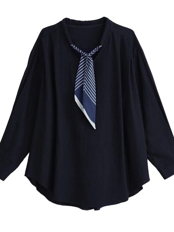 Faionable Tie irt Women's Clothing Autumn 2025 Slimming Top Versatile Sle Polyester Fiber Long Sve Crew Ne