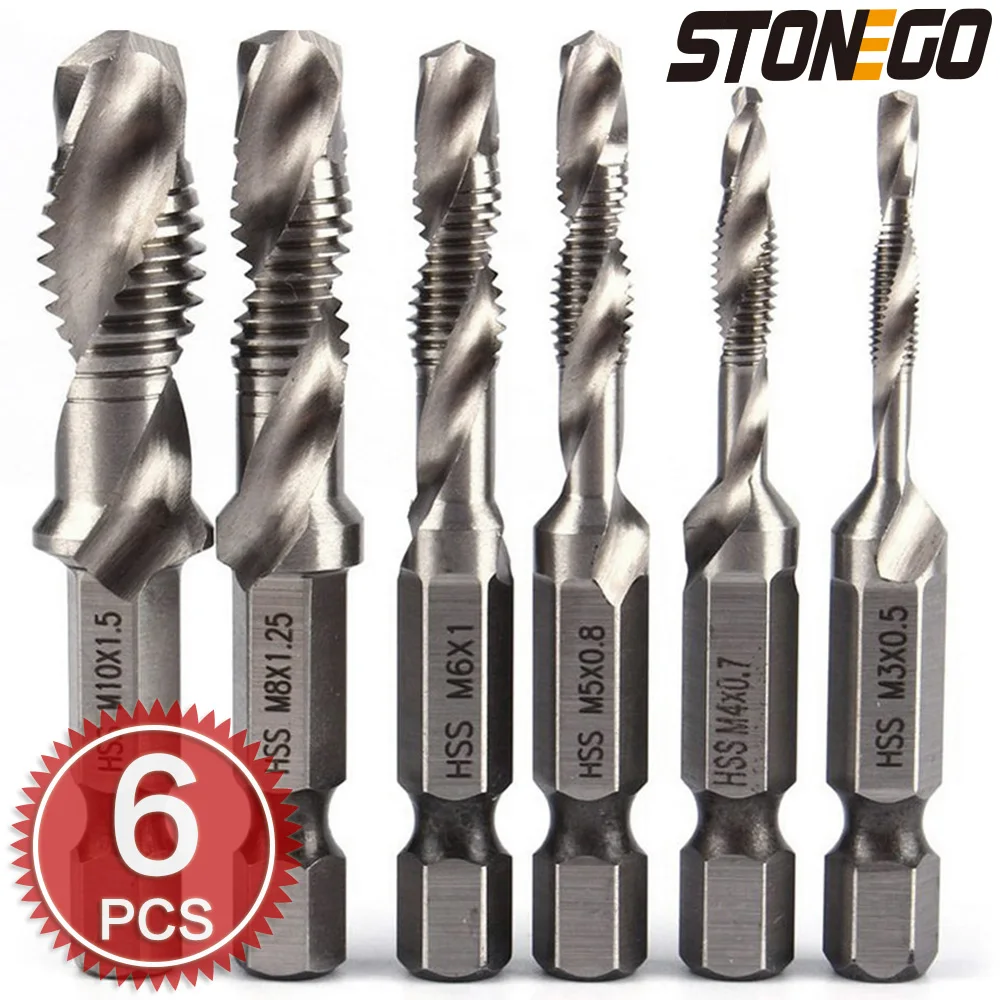 STONEGO 1PC/6PCS Tap Drill Bits HSS4341 Woodworking M3/M4/M5/M6/M8/M10 Metric Combination Screw Thread Tap Drill Bits