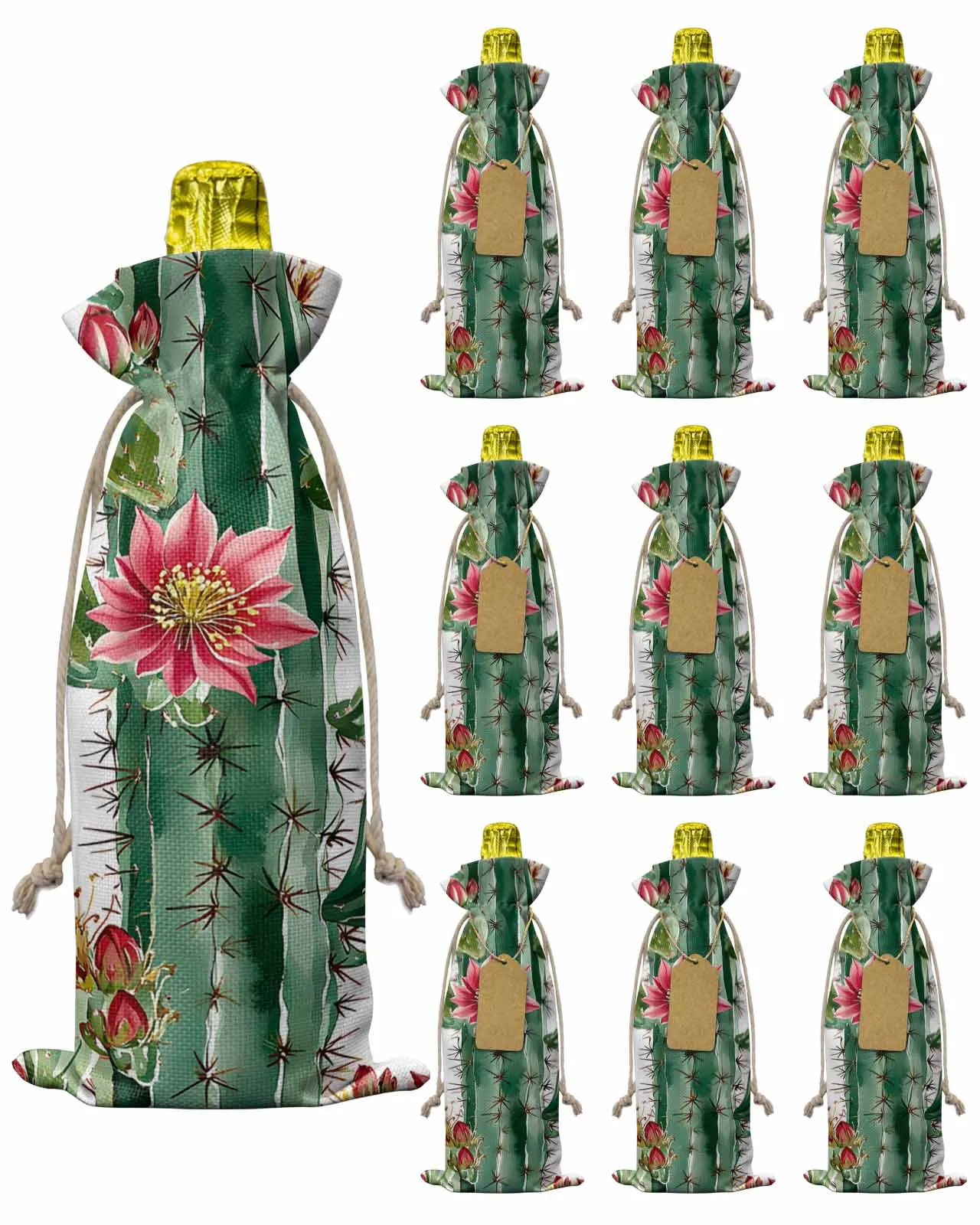 

10pcs Wine Bottle Covers Watercolor Succulent Cactus Wine Holder Carrier Packaging Bag Wedding Party Decor Gift