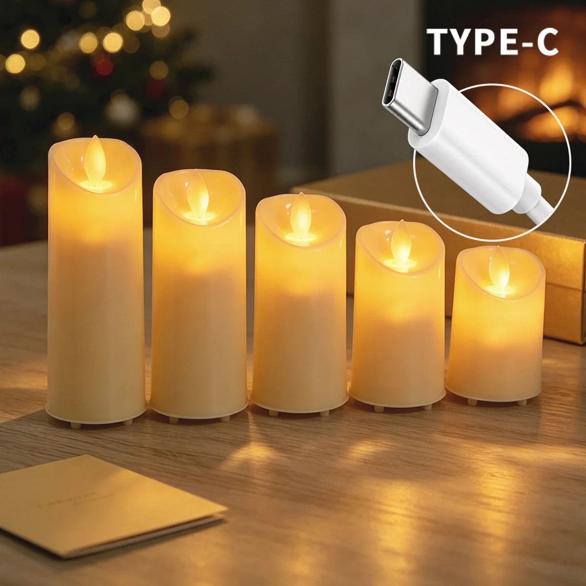 3/5pc USB-C Rechargeable LED Candle 400mAh Flickering Flameless Pillar Wax Window Lamp Table Fireplace Lighting Decors Gift