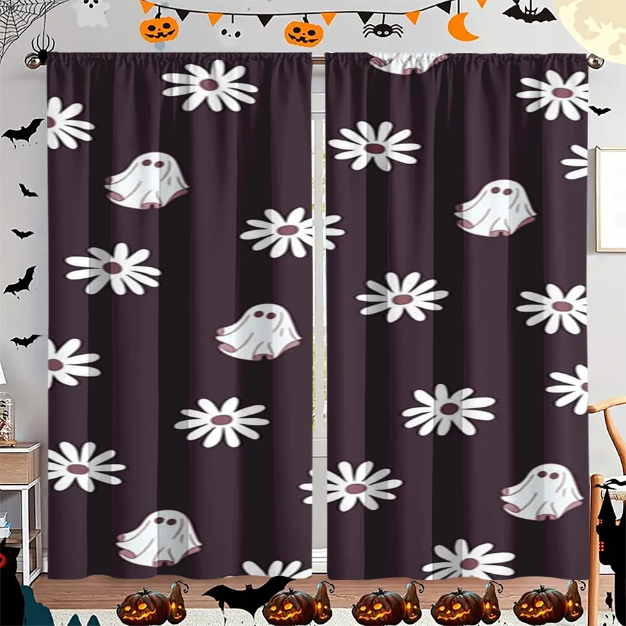 2PCS Digital Print Curtain, Ghost Daisy Flower Dark Purple Repeat, Halloween Cute Floral for Living Room Bedroom Decor