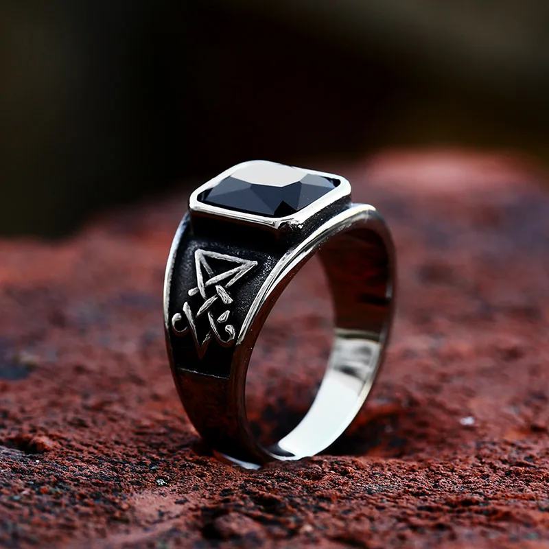 BEIER 2023 New Updated Design Lucifer Satan Signet  Ring For Men With Black Stone Stainless Steel Vintage Jewelry Gift Wholesale