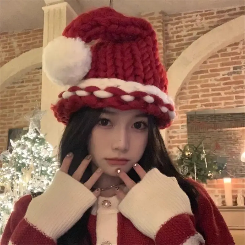Gorro de Papá Noel bonito y moderno para mujer, gorro de punto grueso de invierno, gorro de punto rojo grueso y cálido para vacaciones