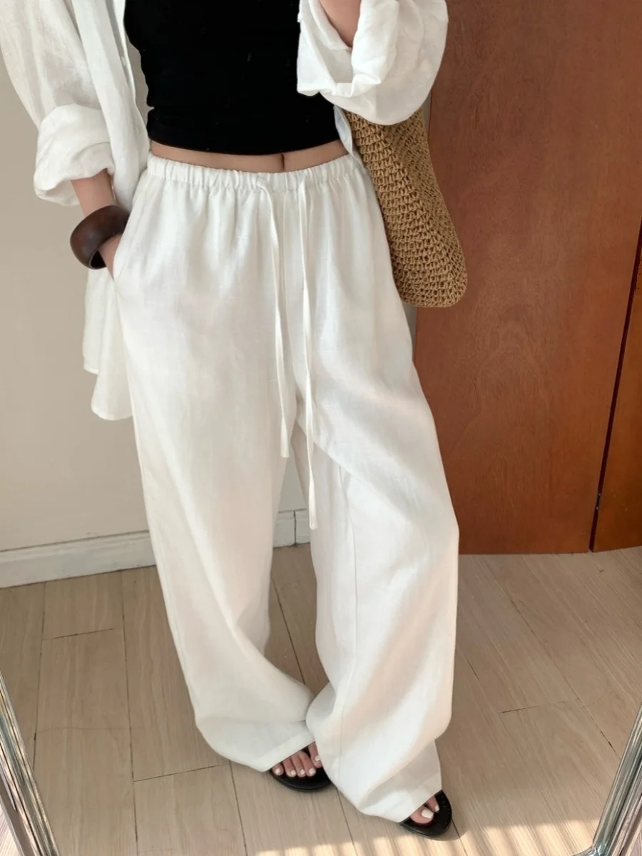 

Emily Clud Recommended High Waist Straight Leg Cotton Linen Women's Loose Wide Leg Pants Dra Effect Floor-Length