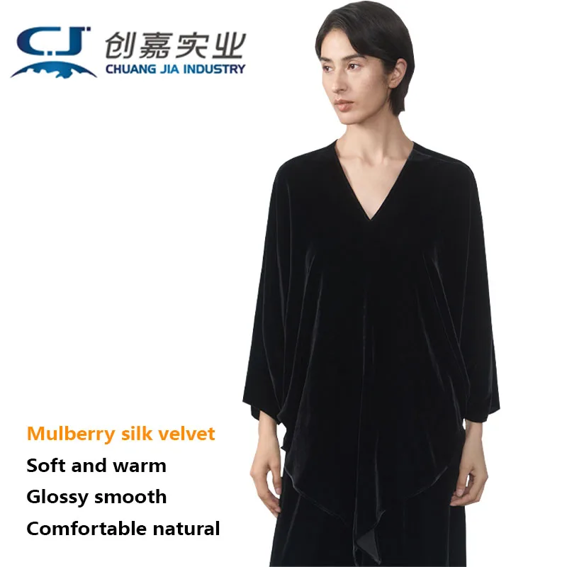 High-end Silk Velvet Women's T-Shirt Long-Sleeved V-Neck Irregular Casual Top Luxury Women's Spring Autumn Clothing