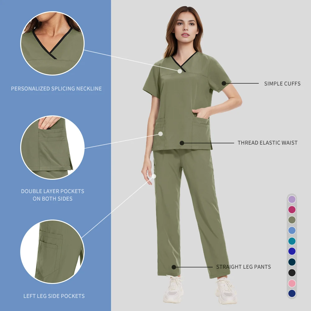 Niaahinn Scrub Uniforms Suit Short Sleeve V-neck  Nursing Tops+Pants Women Multicolor Pet Doctor Scrubs Uniform Medical Workwear