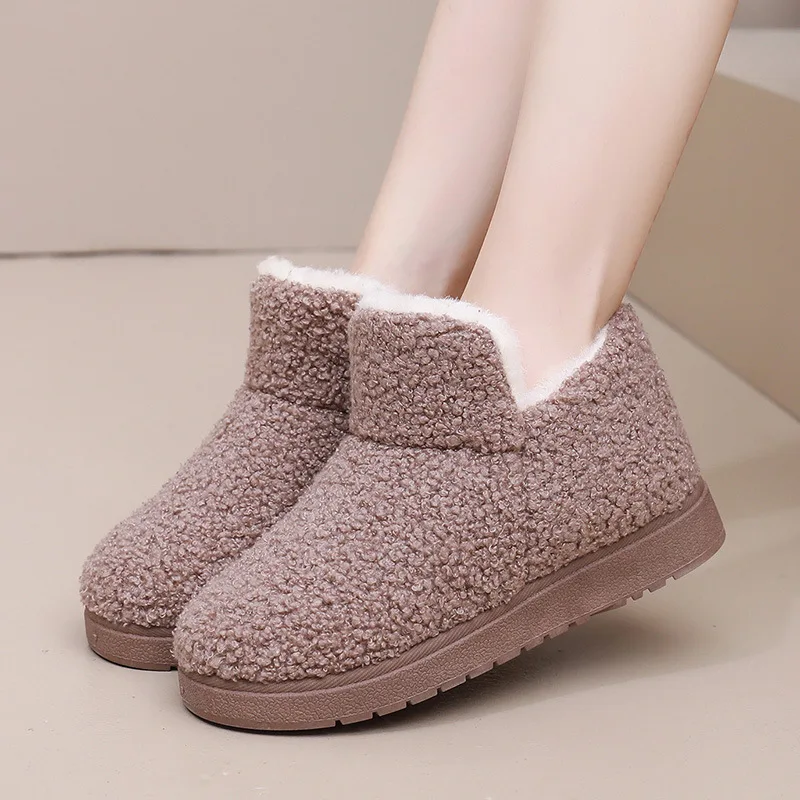 Ladies Thermal Fuzzy Winter Ankle Boots Faux Fur Inside Slip‑on Wear‑Resistant Sole Warm Casual Snow Booties For Women