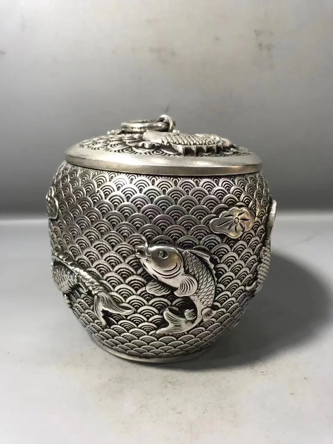 Collection old silver carved fish jar, hand-made,best ornament & collection