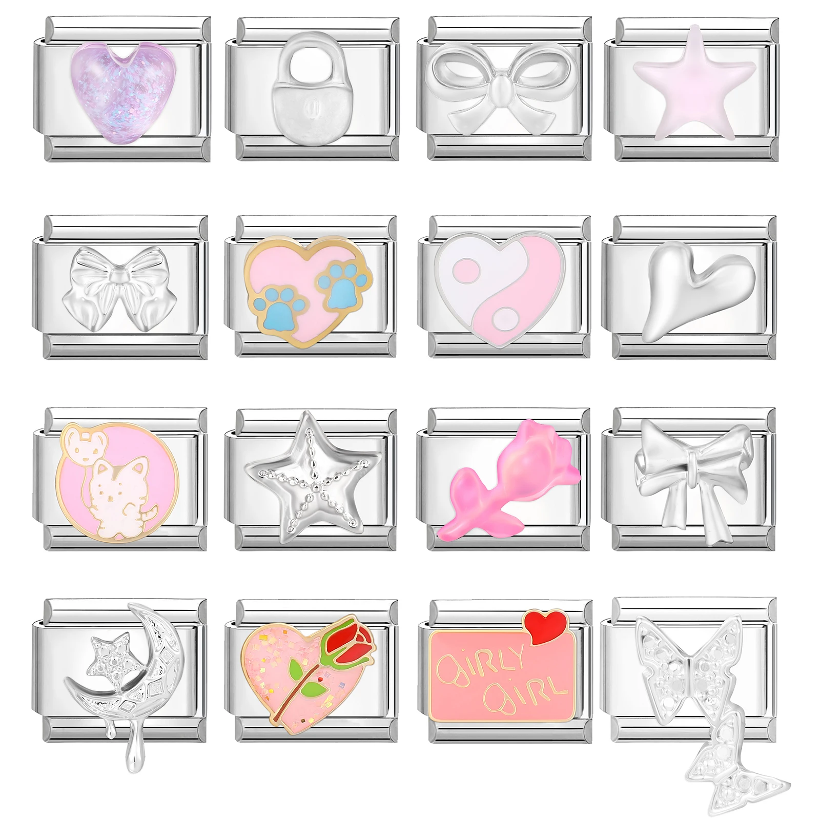 

Hot Rose Butterfly Moon Bow Heart Cat Italian Links Beads Charm Fit 9mm Stainless Steel Bracelet Jewelry Making Wholesale