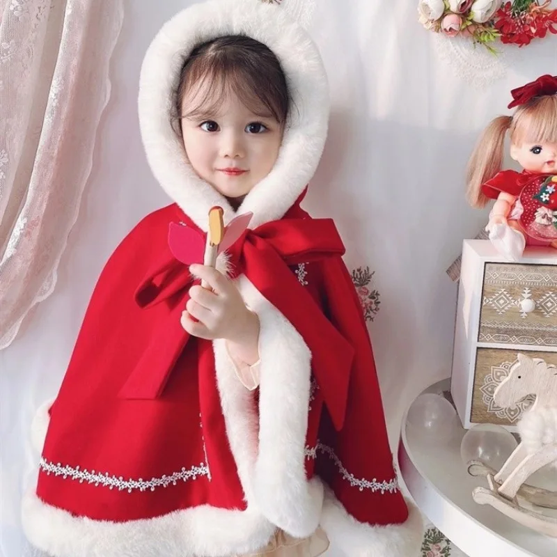 Girls Cloak 2025 Autumn Winter Baby Cloak Korean Thick Children Coat Velvet Shawl Fur Collar Christmas Clothes