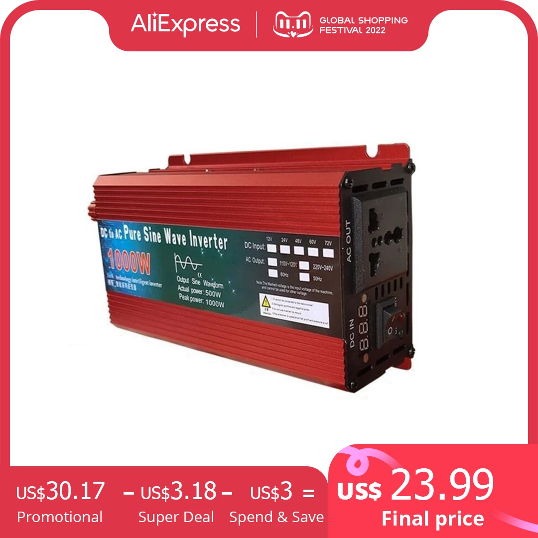 Pure Sine Wave 12V-24V to 110V-220V Inverter