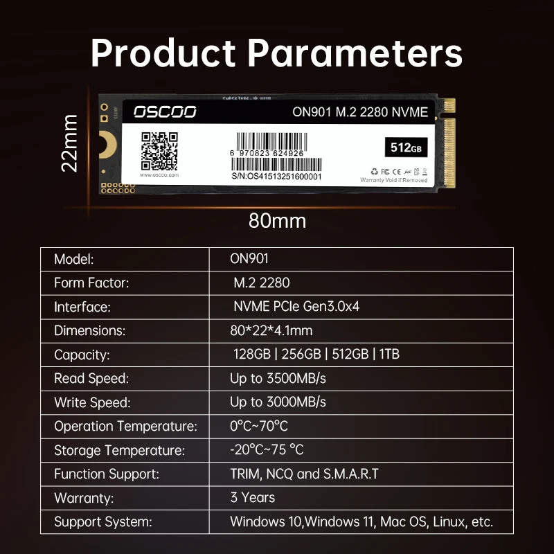 OSCOO SSD M.2 NVME PCIe3.0x4 Solid State Drive 512GB 256GB