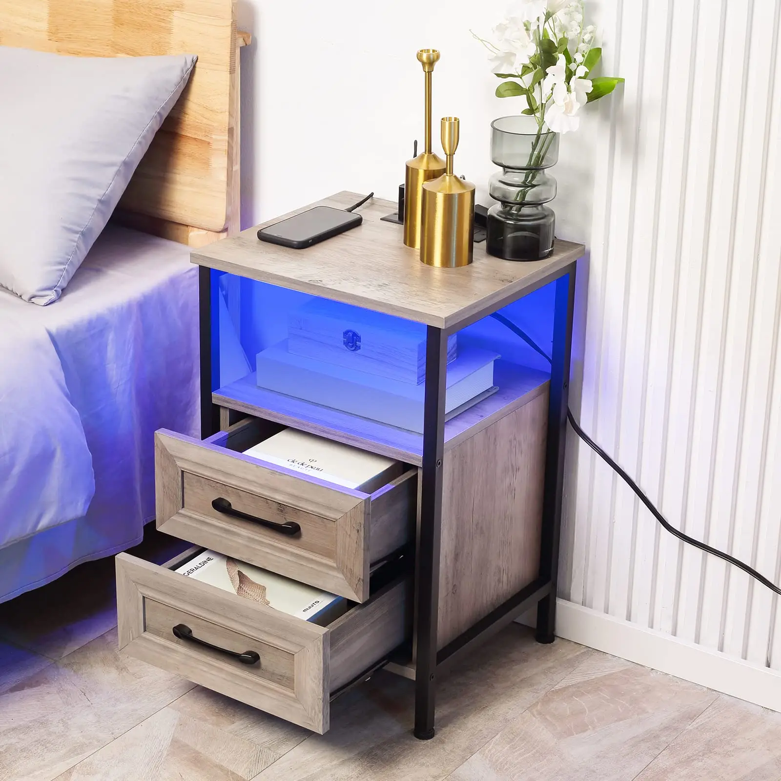 Vabches Nightstand Set of 2 with LED Lights&Power Outlet Bedside Table with 2 Drawers&Metal Legs End Table for Bedroom Furniture