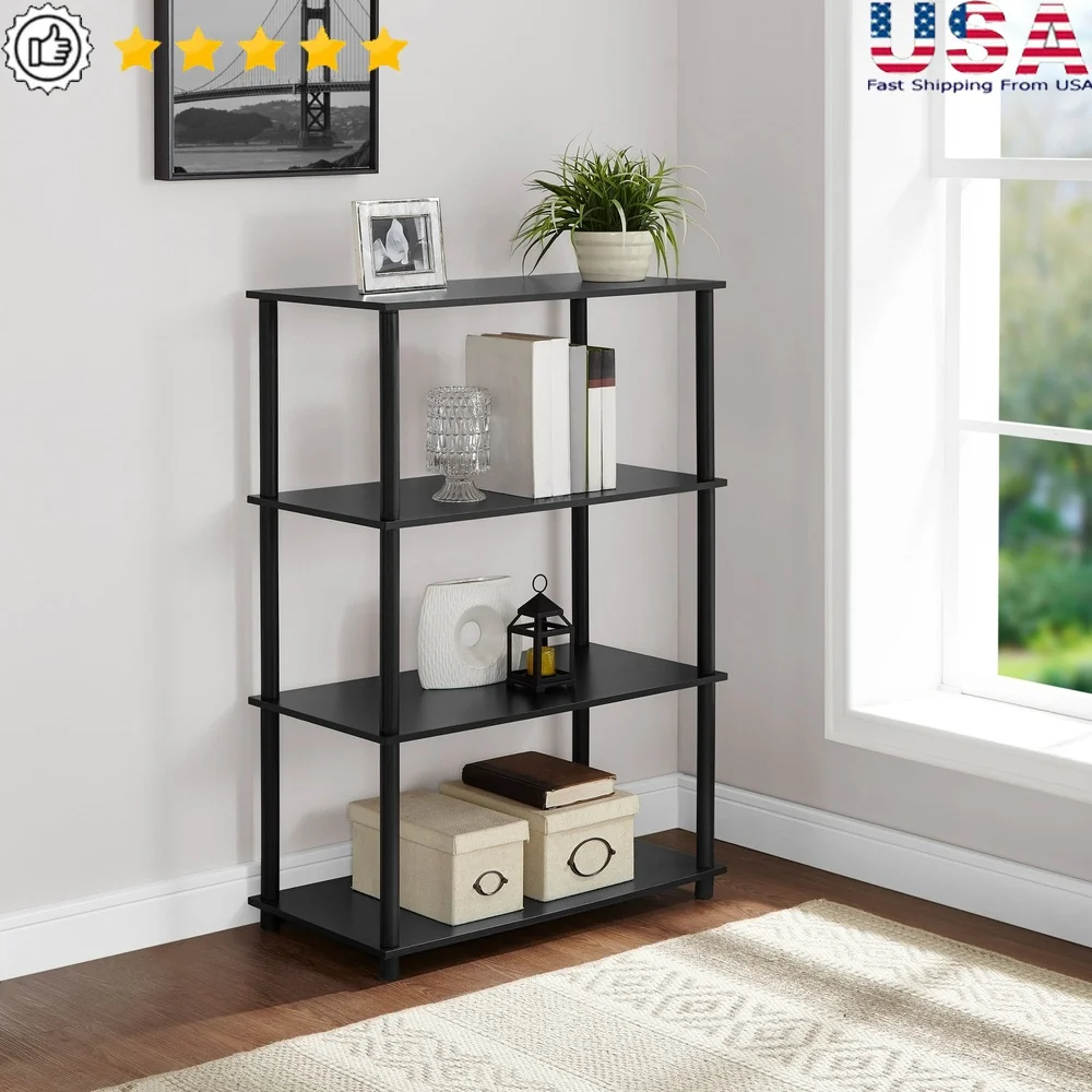 

No Tools 4-Shelf Bookcase Vertical Storage Open Design Black Wood Grain Ideal Living Room Bedroom Office Organization