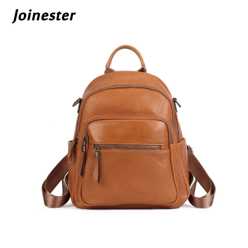

Women's Genuine Leather Vintage Pure Color Backpack Girls' Classic Schoolbag Soft Handle Leisure Travel Bag