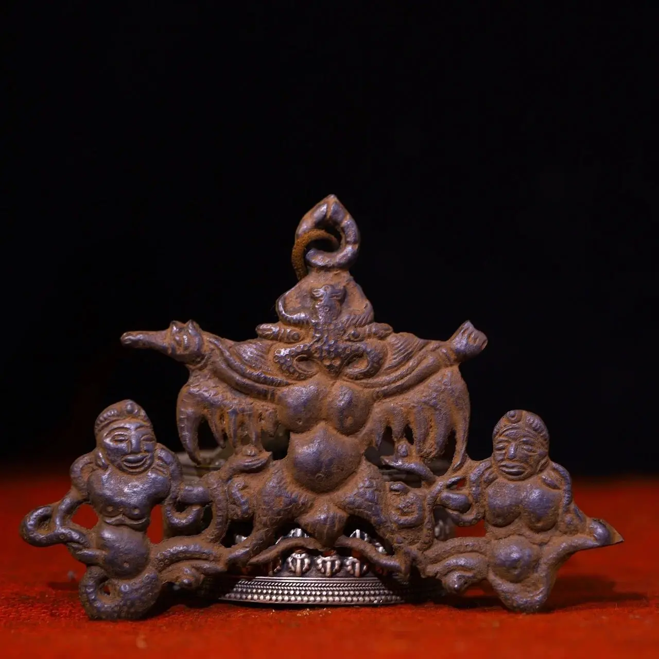 

6"Tibetan Temple Collection Old Bronze Cinnabar Garuda Dhwaja Buddha Card Protector Nagarjuna Buddha Pendant Amulet Town house