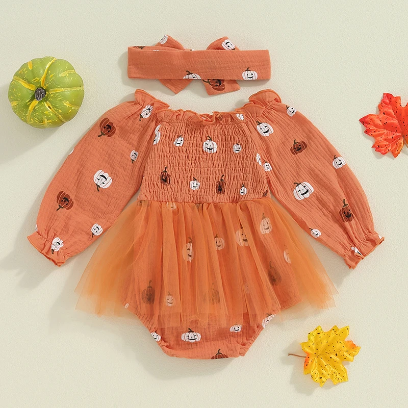 Baby Girl 2Pcs Halloween Outfits Long Sleeve Smocked Bodysuit Dress with Headband Set Infant Clothes