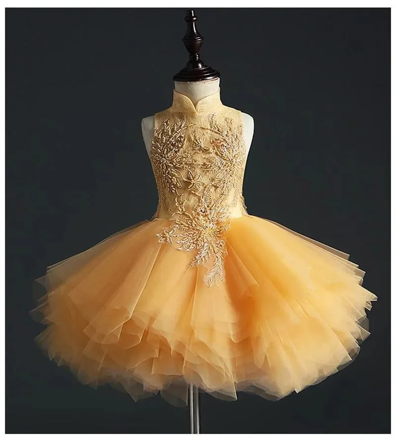 Vestido dorado de flores para niña con desmontable para boda, fiesta de cumpleaños, vestido de primera comunión de princesa con lentejuelas altas y bajas